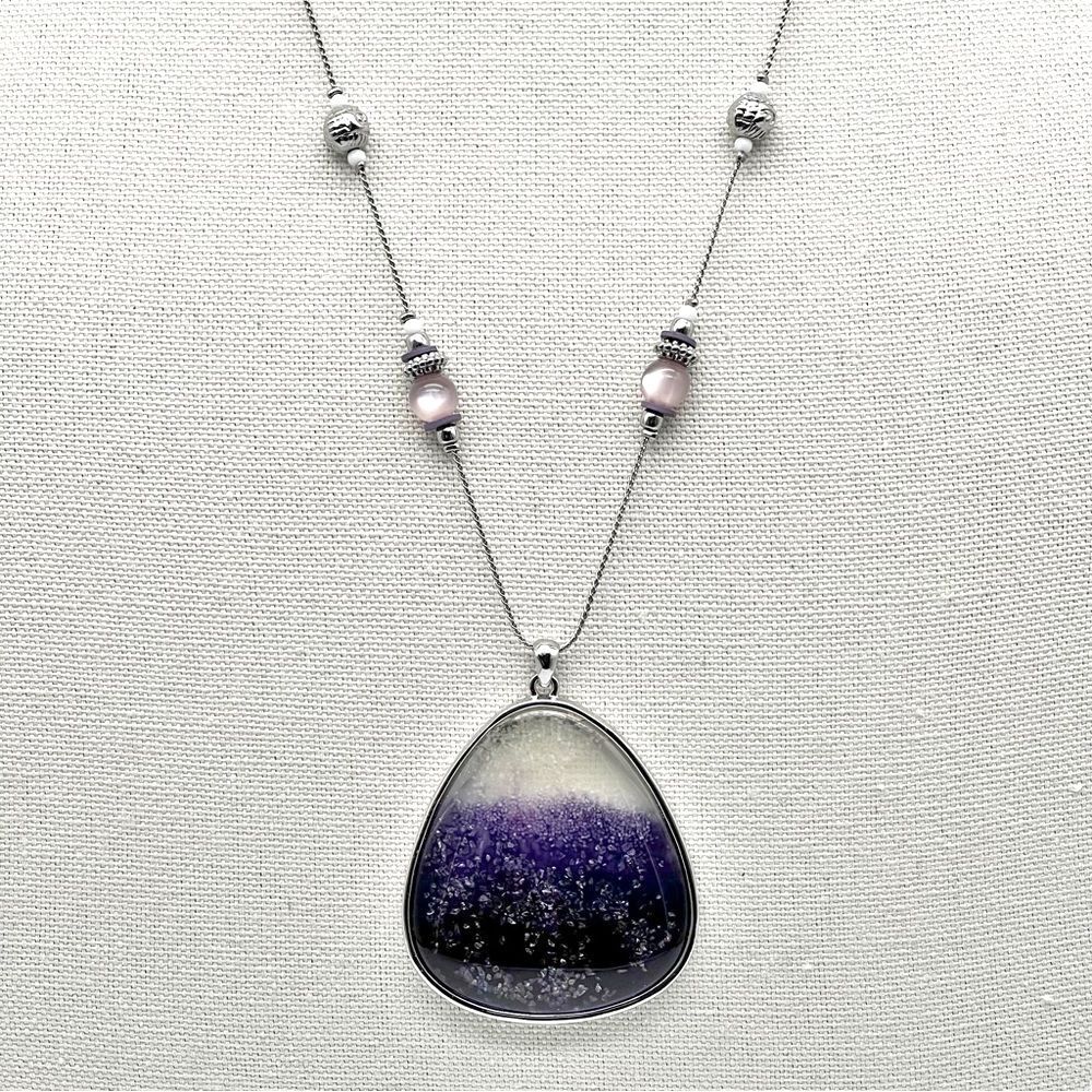 Silver Tone Beaded Purple Glitter Teardrop Pendant Necklace 25” Adjustable
